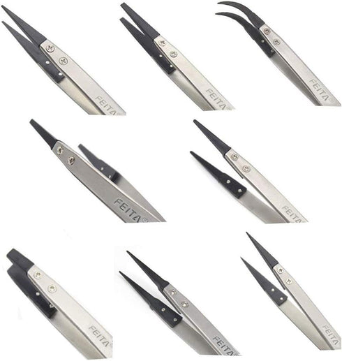 Precision Tweezer Set - FEITA Antistatic Replaceable Fiber Tip Stainless Steel ESD Tweezers for Electronics, Jewelry-Making, Laboratory, Hobby (8 ...
